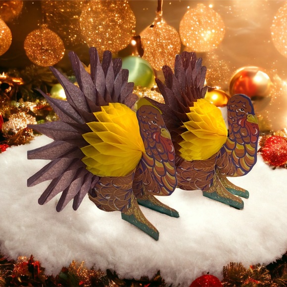 Turkey Die Cut Honeycomb Centerpiece Vintage Set Of 2 Holidays Table Piece - Picture 1 of 5